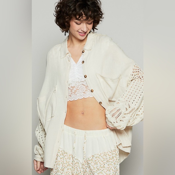 POL Tops - P58. NEW POL Natural Cream Crochet Knit Sleeve Button Down Shirt Cotton